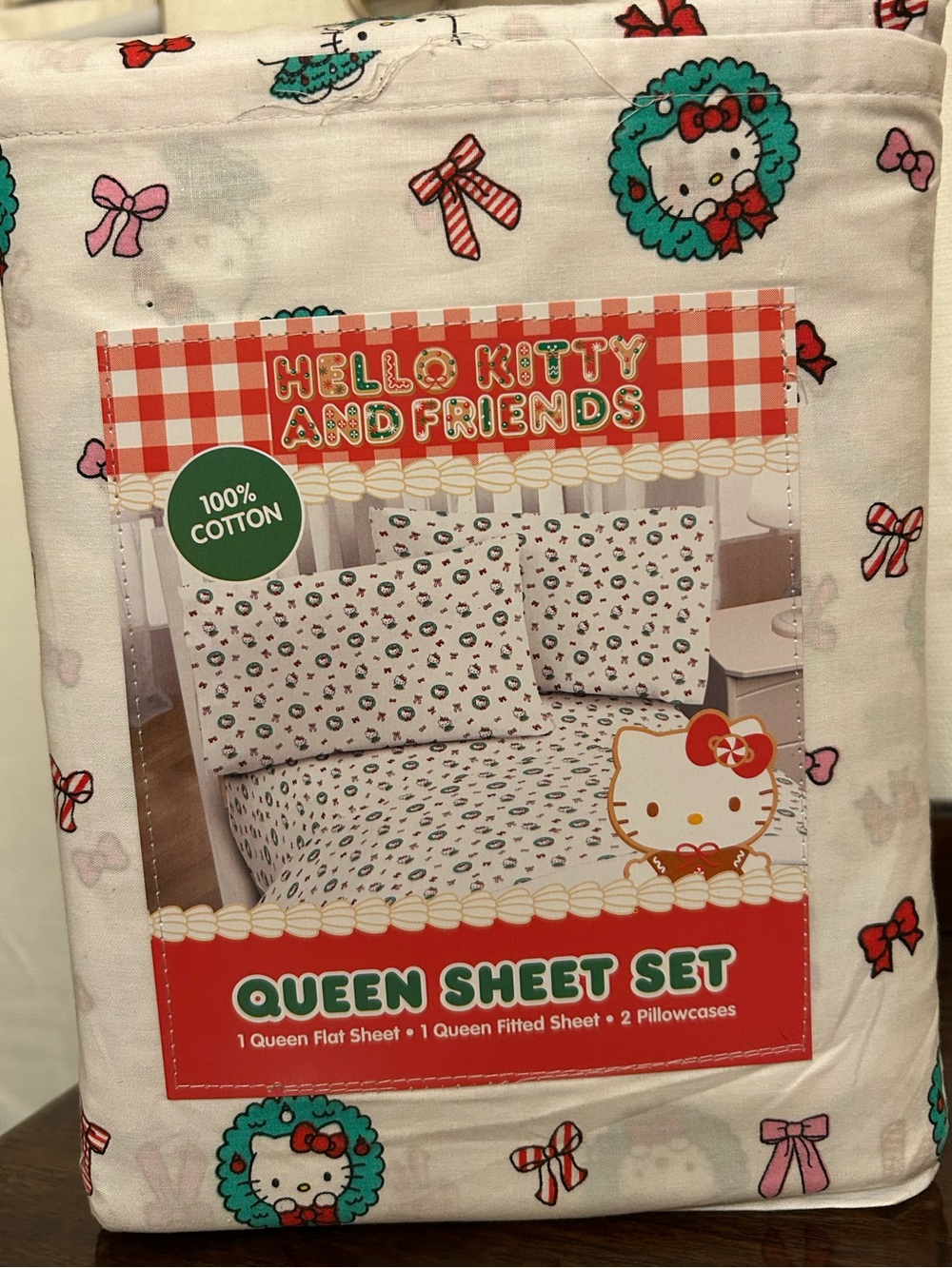 Hello Kitty & Friends Queen Sheet Set Christmas Bows & Wreaths 100% Cotton NWT